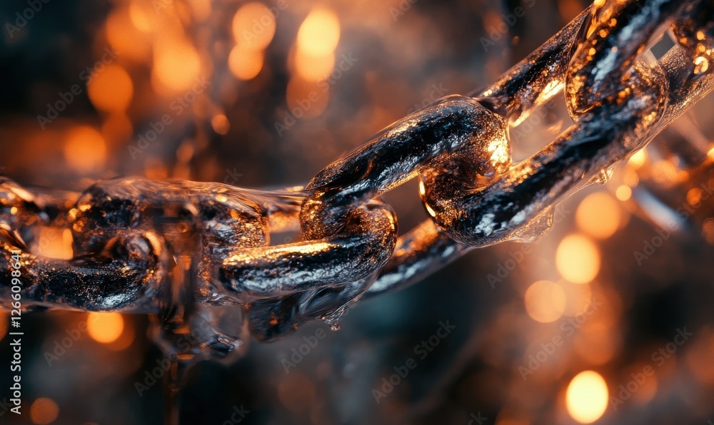 Poster abstract chain macro shot in metallic tones, dramatic lighting creating depth and texture.