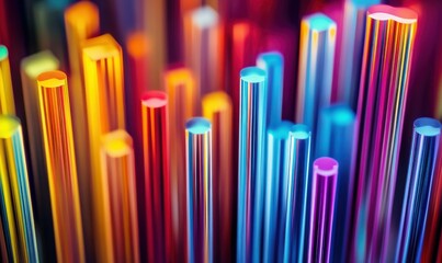 Obraz premium Abstract close-up of colorful neon lines forming geometric shapes, glowing brightly against a dark background, futuristic design with depth