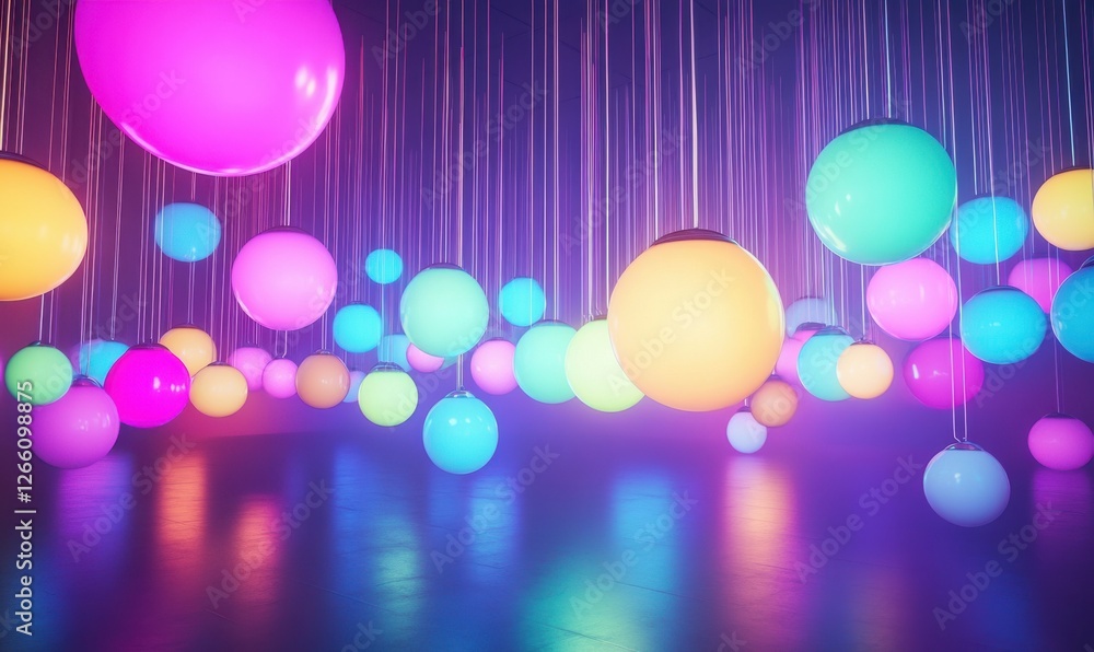 Poster abstract composition of colorful glowing orbs floating mid-air, soft neon lights creating depth, fut