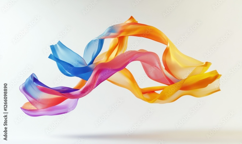 Poster abstract composition of flowing colorful ribbons in mid-air, vibrant hues blending dynamically with 