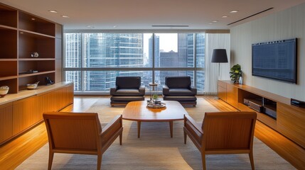 Fototapeta premium A modern and minimalist condo space with wooden furniture, sleek finishes, and a balcony with a cityscape view.