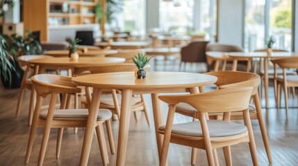 Fototapeta premium A modern cafe interior with wooden tables, chairs, and decorative shelves for a cozy vibe.