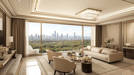 Fototapeta premium A modern condo featuring a neutral color palette, elegant furniture, and a beautiful flower-decorated balcony.