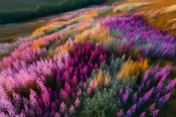 Obraz premium Abstract patterns in vibrant spring wildflower meadow from drone view