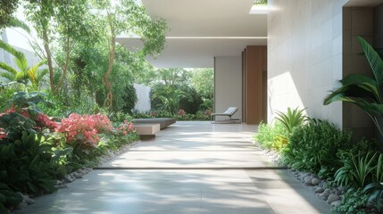 Obraz premium A modern, sleek condo space with clean lines, bright interiors, and a balcony with artistic floral arrangements.