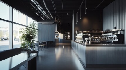 A modern urban cafe with an open industrial design, steel counters, and dark aesthetic tones.