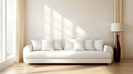Fototapeta premium A modern, well-balanced living room with a white couch and sleek furnishings.