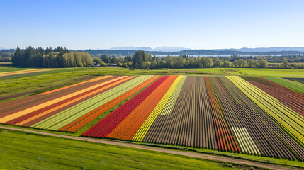 Abstract patterns in colorful tulip fields from drone view