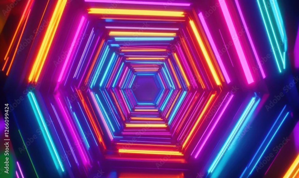 Poster abstract digital pattern of glowing hexagons, vibrant neon colors creating depth and contrast, futur