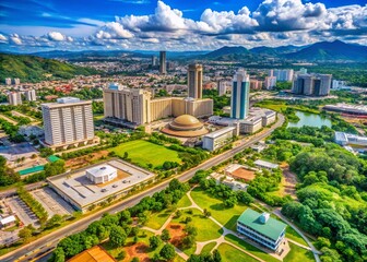 Naklejka premium Stunning Aerial Panorama of Abuja City, Nigeria: Modern Architecture and Lush Landscape