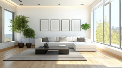 Fototapeta premium A serene living room with a white sectional sofa and minimalist decor.