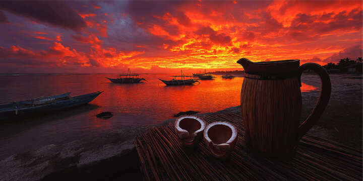 Stunning Tropical Sunset with Pumpboat Silhouettes and Coconut Shells on Beach Near Seaside Escape - Perfect Tropical Paradise Vector Art for Relaxation