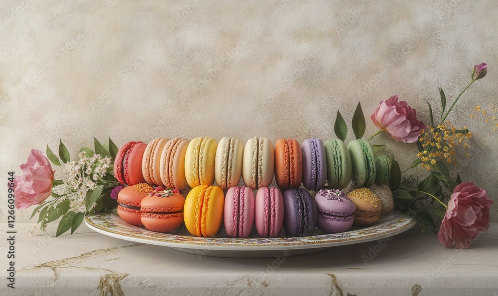 Poster array of colorful macarons neatly arranged on a ceramic plate, styled with soft natural light and fl
