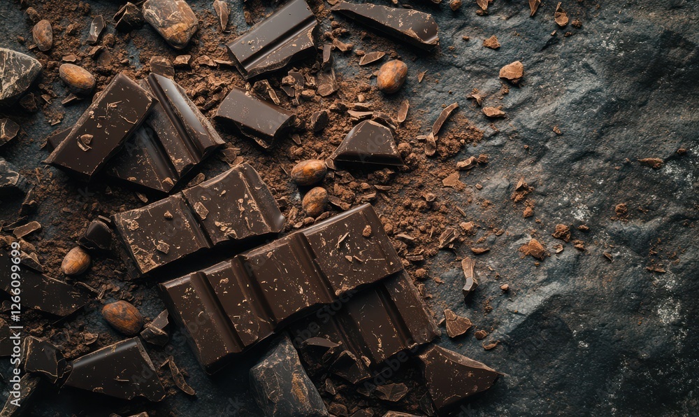 Poster artful composition of broken chocolate bars with cocoa beans scattered on a textured slate surface, 
