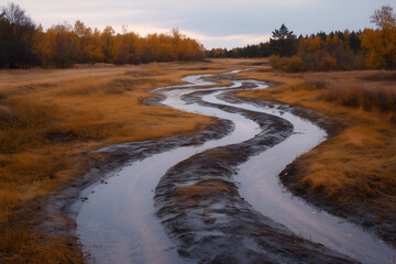 Abstract patterns in autumn marshland with winding waterways from drone view