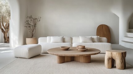 A sophisticated modern living room with white walls and cozy textures.