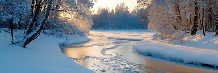 Naklejka premium Abstract patterns in winding river through winter forest from aerial view