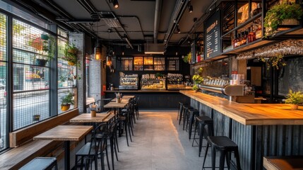 A stylish cafe with industrial decor, black steel furniture, and wooden countertops.