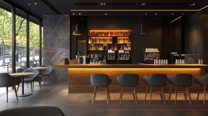 A stylish coffee shop with a wooden bar counter, minimalist chairs, and neutral color palettes.
