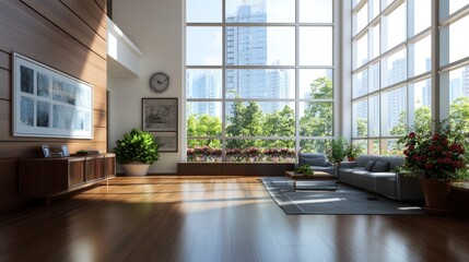 Fototapeta premium A stylish, well-lit condo interior featuring sleek furniture, large windows, and a cozy balcony with flower pots.