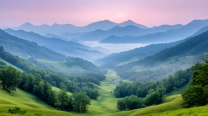 Fototapeta premium Misty sunrise over rolling green hills and distant mountains