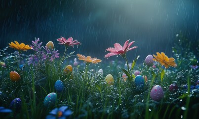 Morning dew on a patch of wildflowers, with hidden Easter eggs tucked among the petals.