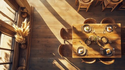 A top-down view of a warm cafe setting with wooden furniture and natural decor elements.