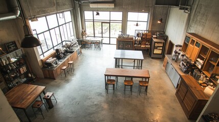 A top-view of a spacious loft cafe with metal tables, concrete flooring, and warm wooden decor.