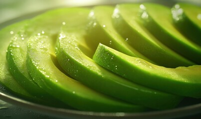 Close-up of fresh green avocado slices arranged on a plate, bright natural light highlighting their smooth texture and vibrant color, healthy food concept