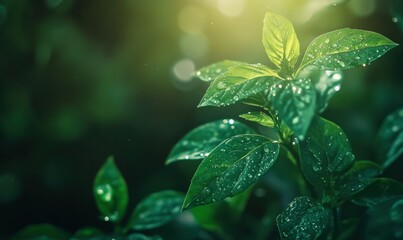 Close-up of fresh green basil leaves with water droplets, bright natural tones, soft lighting, healthy food concept, refreshing vibe