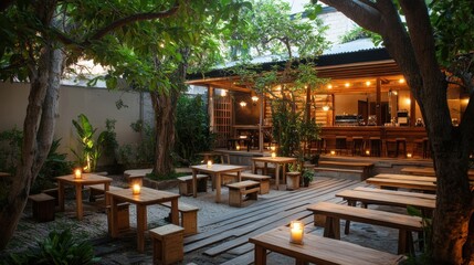 Fototapeta premium A warm and inviting cafe with rustic wooden furniture, candle-lit tables, and a homely feel.
