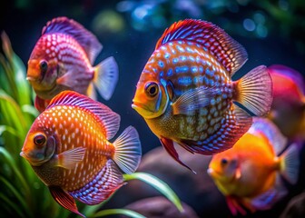 Fototapeta premium Stunning Discus Fish Aquarium Low Light Photography - Vibrant Colors in Dark Setting