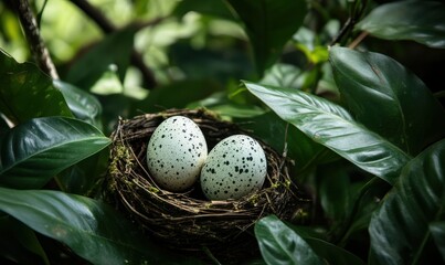Fototapeta premium Nest containing two speckled eggs surrounded by lush green leaves in a tranquil outdoor setting during daylight