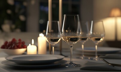 Elegant table setting featuring fine wine glasses, soft candlelight, and a gourmet dinner plate, evoking luxury and celebration
