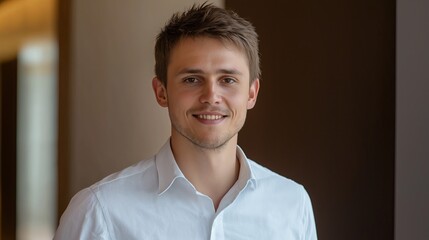 Young Caucasian man in a white shirt smiling in a modern office environment