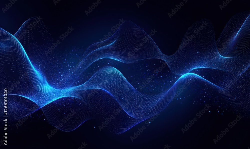 Poster abstract dark blue digital background with sparkling blue light particles and areas with deep depths