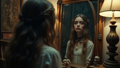 Reflection in an eerie room with a vintage mirror and a haunting presence