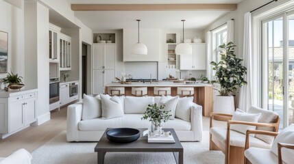 A well-lit and airy living room with white accents and a modern coffee table.