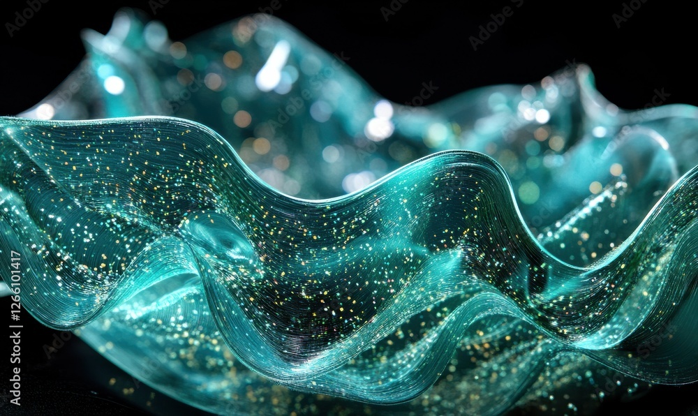 Poster abstract digital wave of glowing particles in blue and green tones, dynamic futuristic design with s
