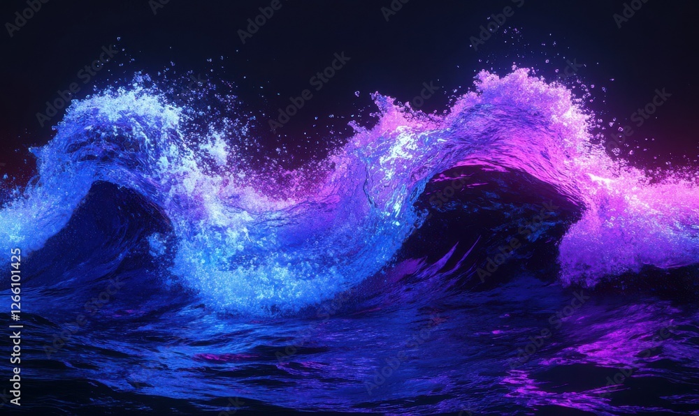 Poster abstract digital wave of glowing neon particles, vibrant blue and purple tones creating depth, futur