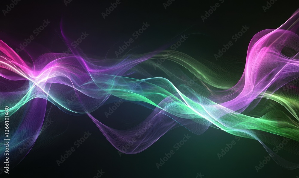 Poster abstract digital wave pattern with glowing purple and green lines, dynamic futuristic design, clean 