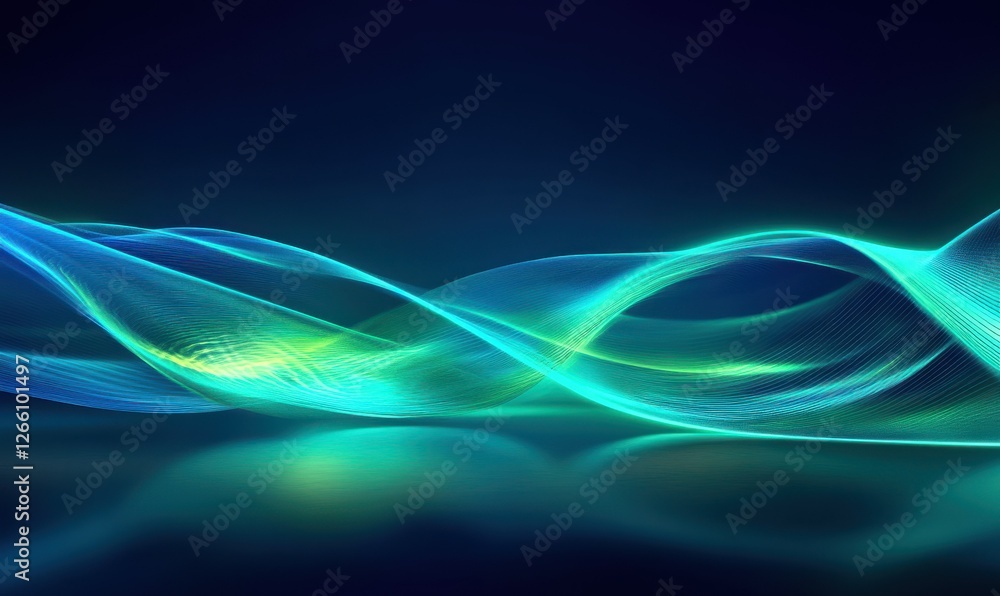Poster abstract digital waves of glowing neon lines in blue and green tones, soft reflections creating dept