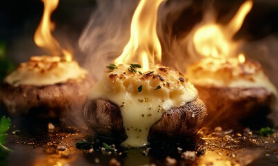 Advertisement of Grilled mushrooms stuffed with cheese and herbs, melting in the center, grilled stuffed mushrooms, gourmet appetizer concept