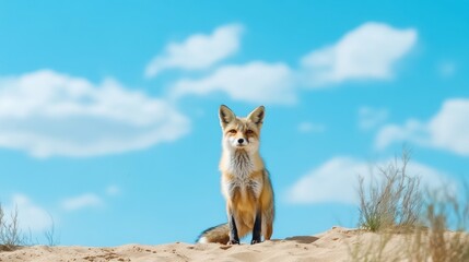 Naklejka premium A desert fox stands alert on a sandy dune, its keen eyes scanning the vast landscape for any signs of movement under the bright sky