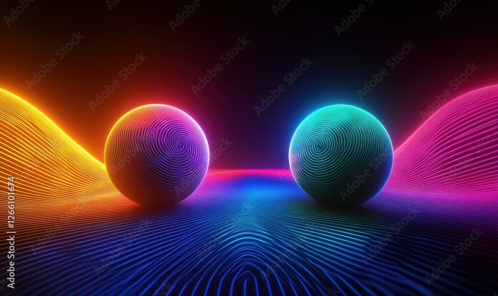 Poster abstract futuristic digital art of glowing orbs floating in a dark space, vibrant neon colors creati
