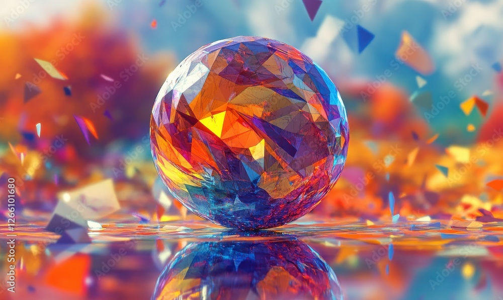 Poster an abstract low poly sphere with a disordered design.