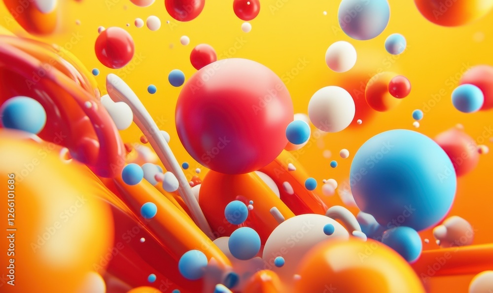 Poster an abstract 3d image of spheres, with a minimalistic design using geometric shapes, forming a contem
