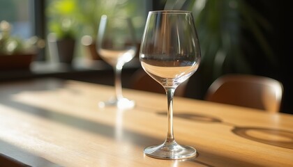 Elegant glasses on a wooden table capturing afternoon light