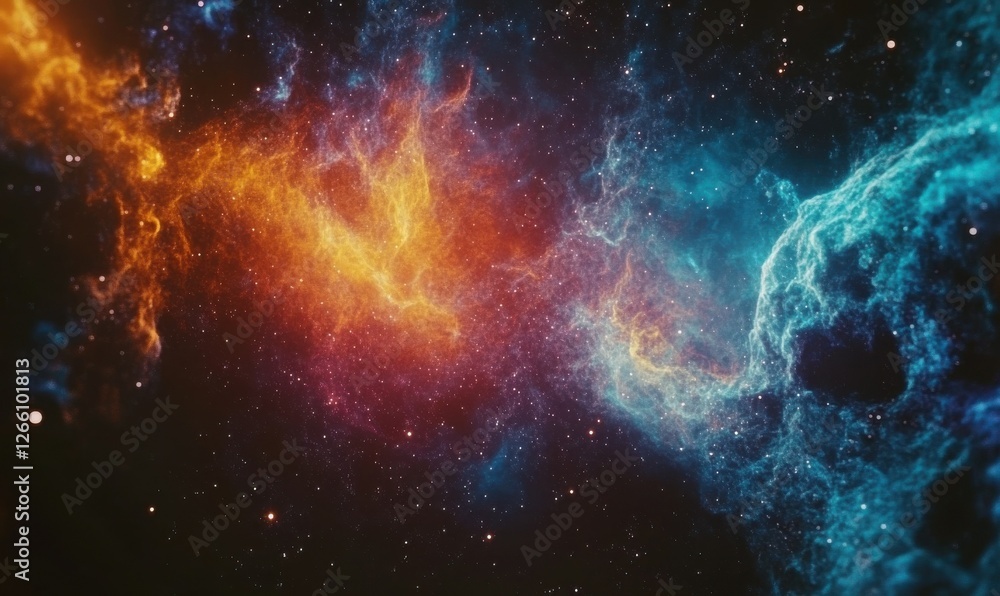 Poster abstract galaxy with vibrant nebulae and glowing stars, deep cosmic colors creating a mysterious and