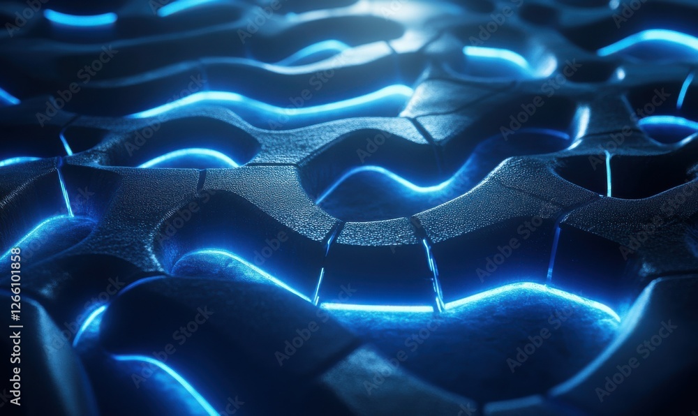 Poster abstract glowing blue network of interconnected nodes, futuristic design symbolizing technology and 